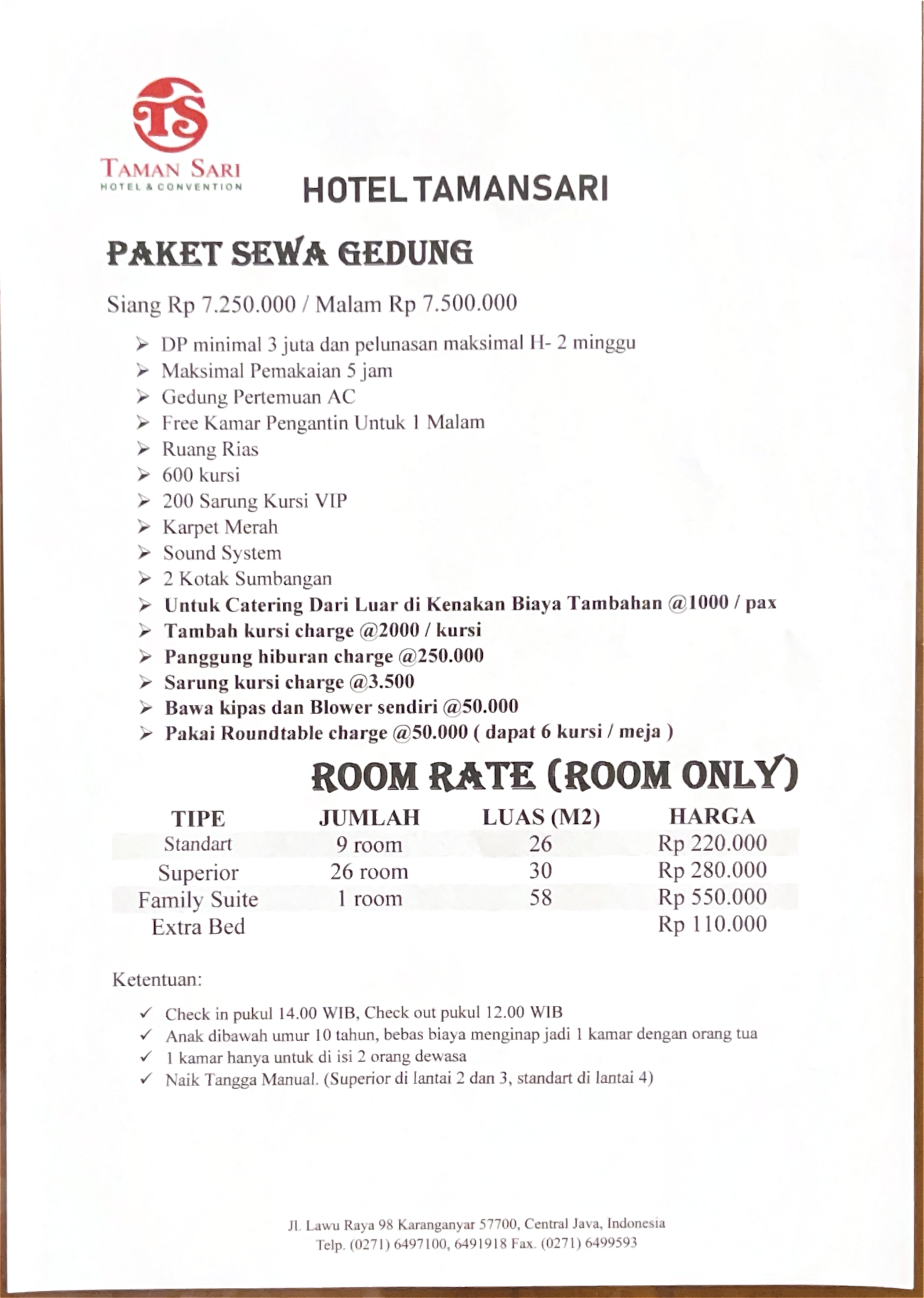 Foto vendor VENUE Hotel Tamansari Karanganyar Paket Paket Sewa Gedung 